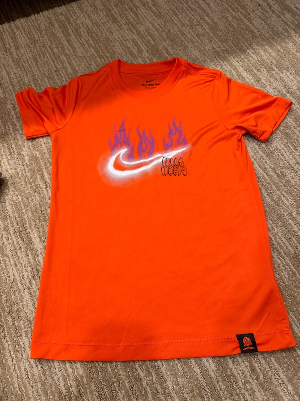 Nike Orange T-Shirt with White Swoosh and Purple Flame
